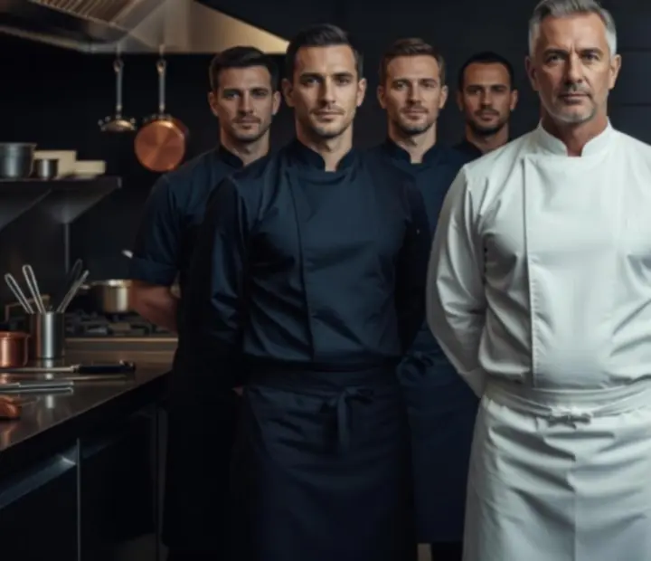 Šéfkuchař s týmem v otevřené kuchyni luxusní restaurace