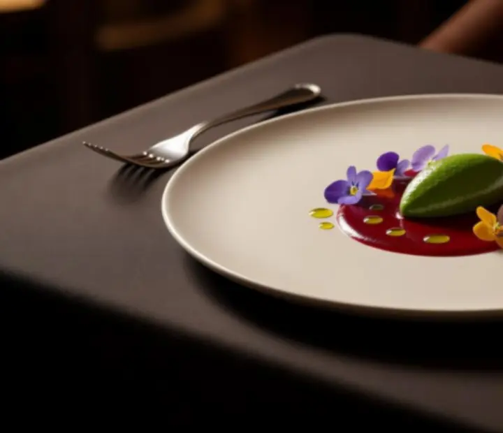 Detail servírovaného degustačního menu na mramorovém stole