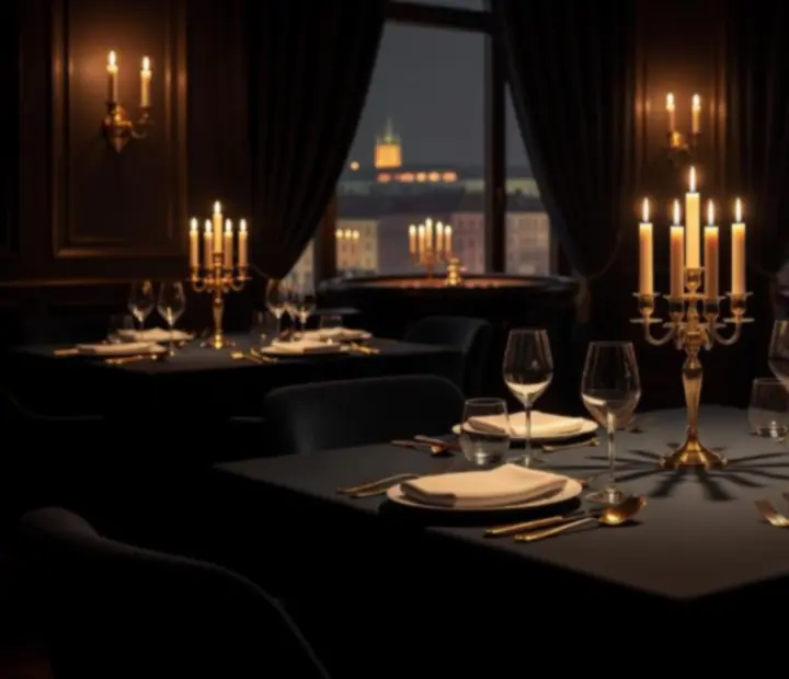 Večerní fine dining stůl s tlumeným osvětlením a servisem