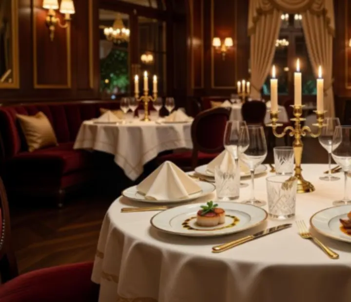 Gurmánské menu servírované v tlumeně osvětleném fine dining interiéru
