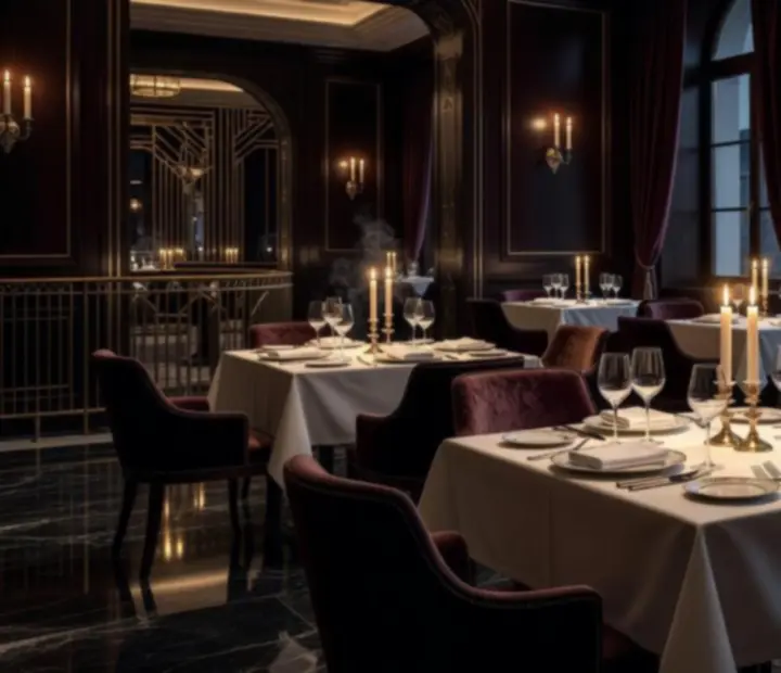 Večerní interiér luxusní restaurace se svíčkami a designovým osvětlením.