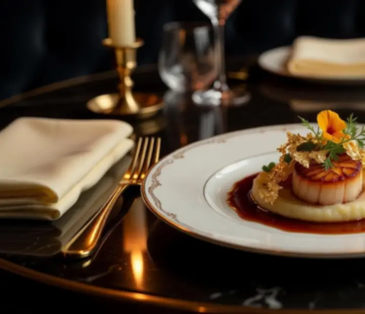 Detailní záběr na autorský chod Chef's Specials v elegantním večerním nasvícení.