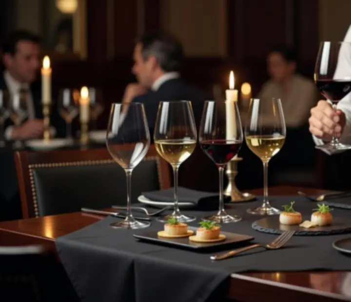 Večerní degustace vín se someliérem a párováním menu v tlumeném světle.